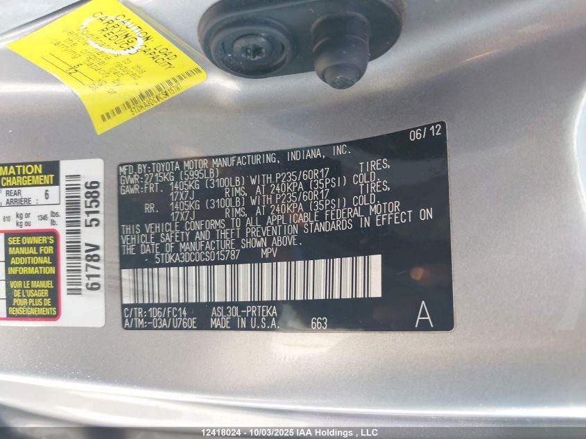 2012 Toyota Sienna VIN: 5TDKA3DC0CS015787 Lot: 12418024