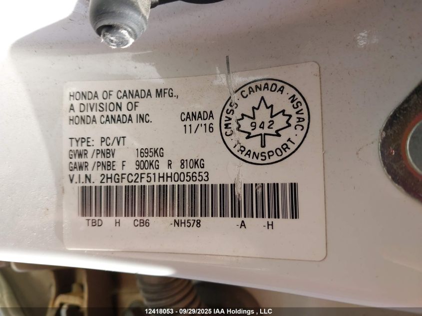 2017 Honda Civic Lx VIN: 2HGFC2F51HH005653 Lot: 12418053