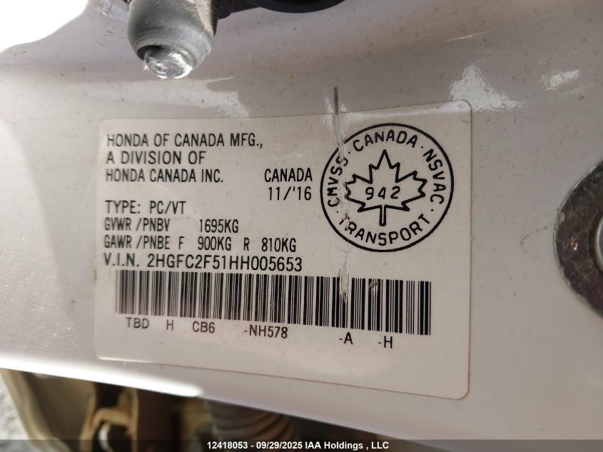 2017 Honda Civic Lx VIN: 2HGFC2F51HH005653 Lot: 12418053