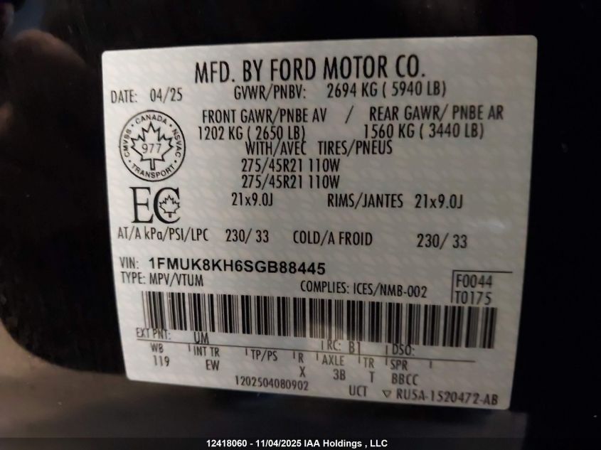 2025 Ford Explorer St-Line VIN: 1FMUK8KH6SGB88445 Lot: 12418060