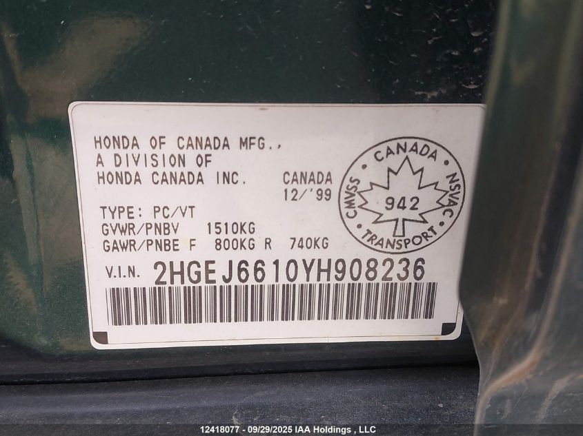 2000 Honda Civic Se VIN: 2HGEJ6610YH908236 Lot: 12418077