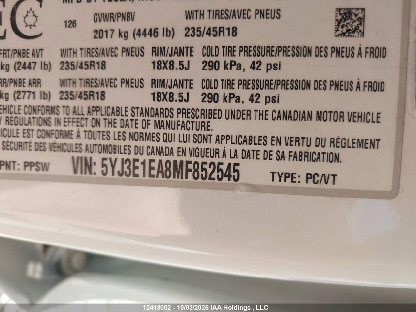 5YJ3E1EA8MF852545 2021 TESLA MODEL 3 photo no. 9