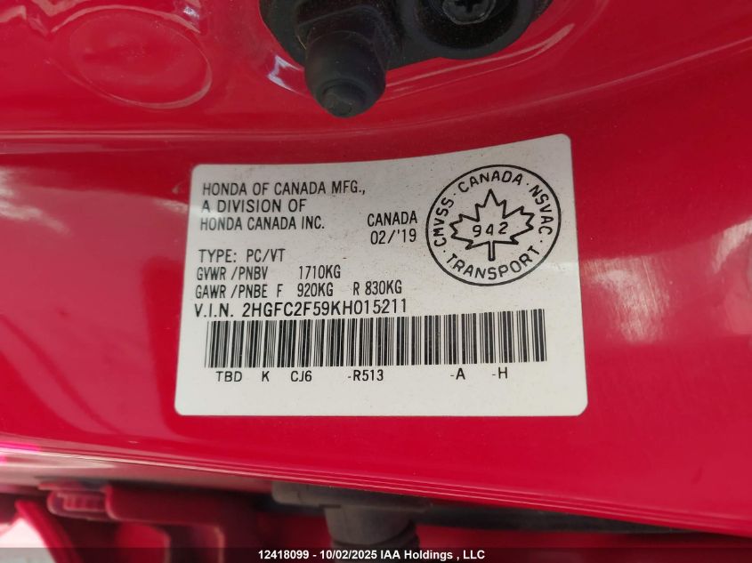 2019 Honda Civic Lx VIN: 2HGFC2F59KH015211 Lot: 12418099
