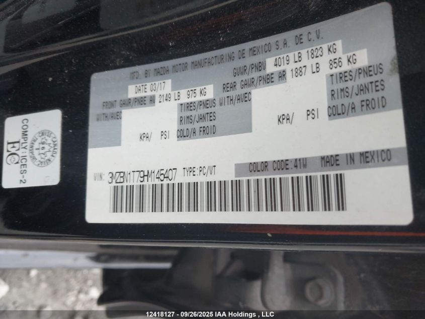 2017 Mazda Mazda3 VIN: 3MZBN1T79HM145407 Lot: 12418127