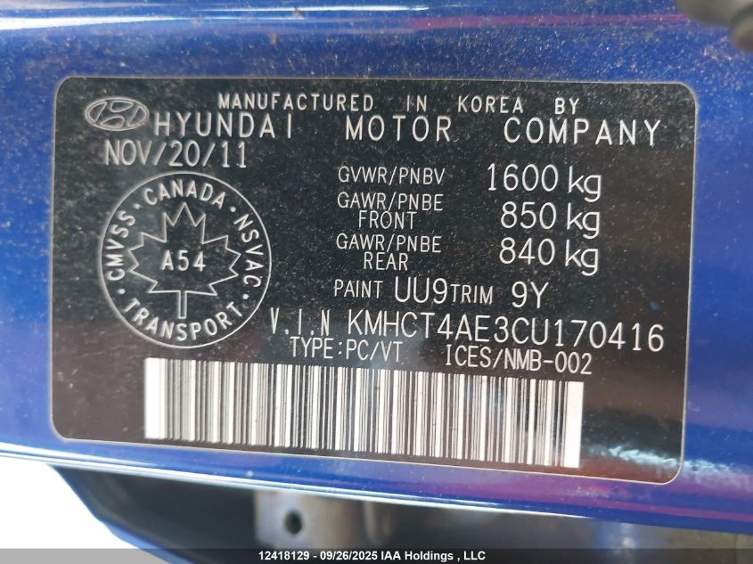 2012 Hyundai Accent VIN: KMHCT4AE3CU170416 Lot: 12418129