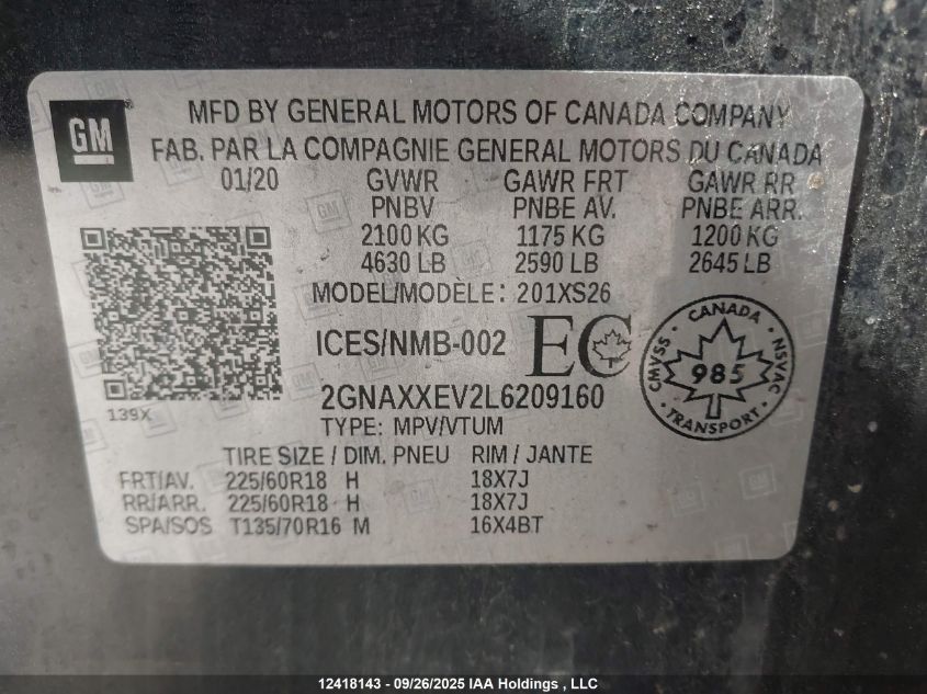 2020 Chevrolet Equinox VIN: 2GNAXXEV2L6209160 Lot: 12418143