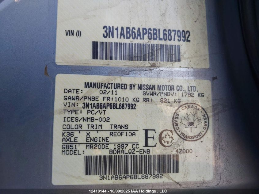 2011 Nissan Sentra 2.0 VIN: 3N1AB6AP6BL687992 Lot: 12418144