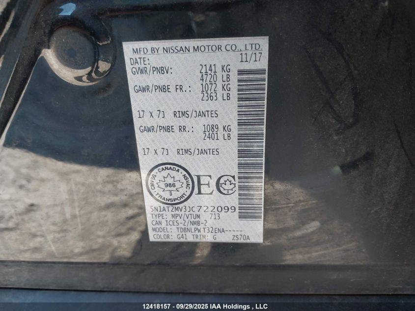 2018 Nissan Rogue VIN: 5N1AT2MV3JC722099 Lot: 12418157