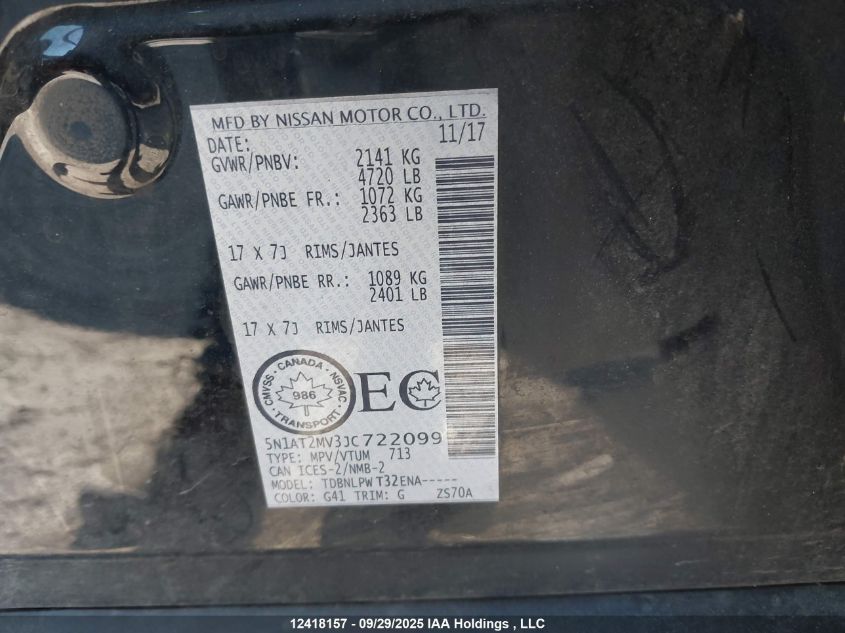 2018 Nissan Rogue VIN: 5N1AT2MV3JC722099 Lot: 12418157