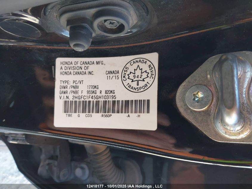 2016 Honda Civic Ex VIN: 2HGFC1F45GH103195 Lot: 12418177