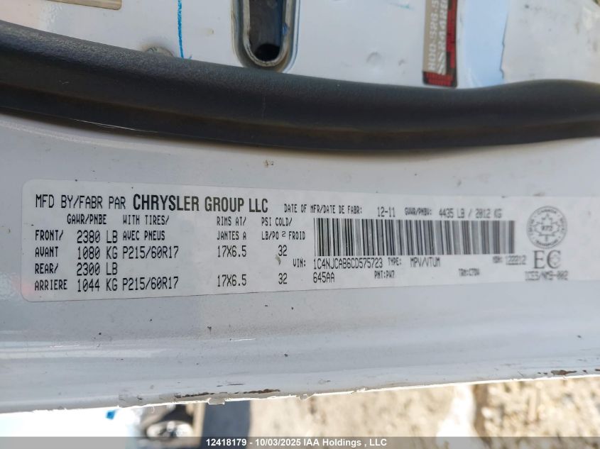 2012 Jeep Compass Sport/North VIN: 1C4NJCAB6CD575723 Lot: 12418179