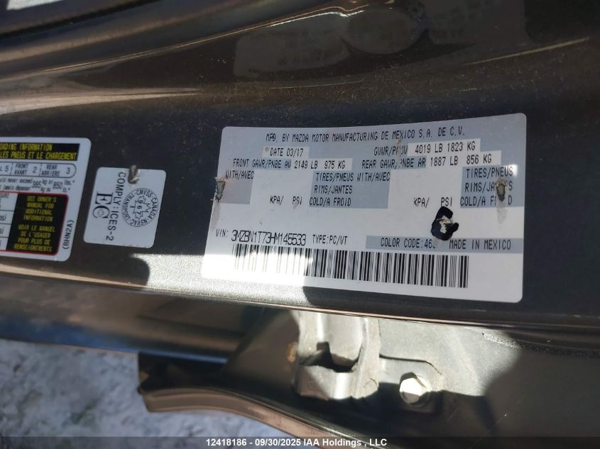 2017 Mazda 3 Se VIN: 3MZBN1T73HM145533 Lot: 12418186