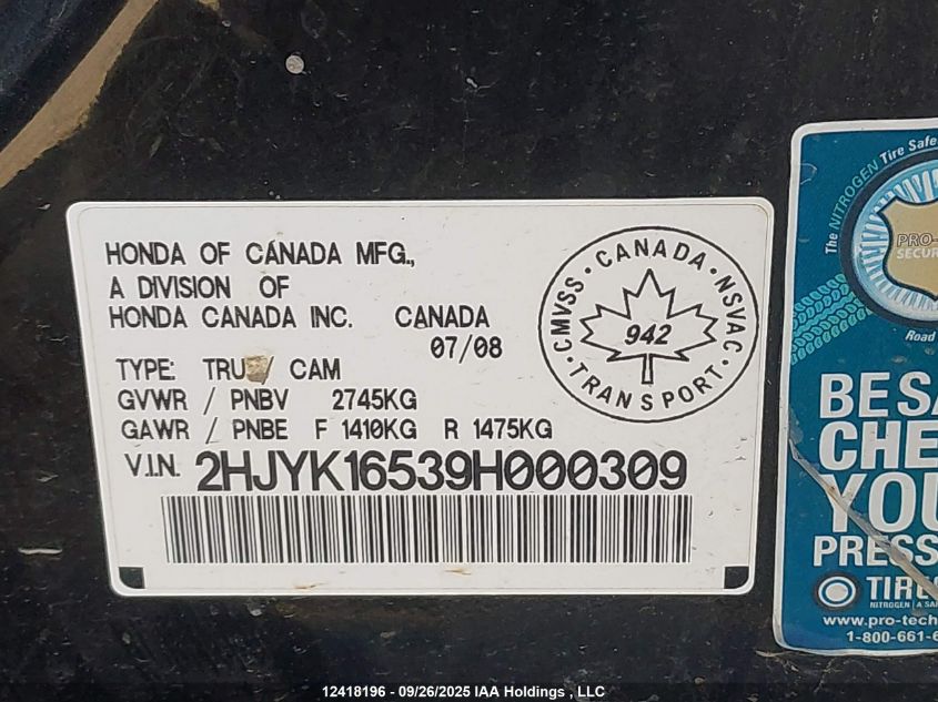 2009 Honda Ridgeline Rtl VIN: 2HJYK16539H000309 Lot: 12418196