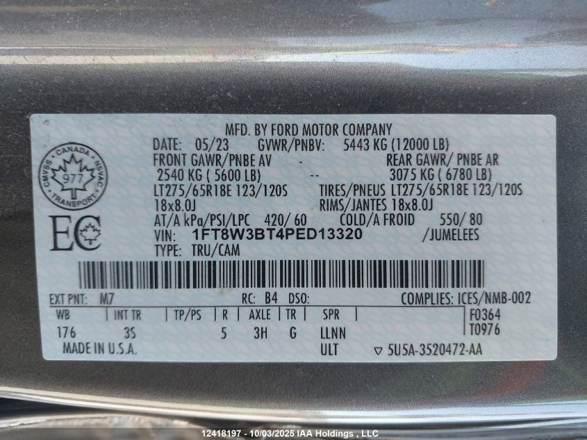 2023 Ford F250 Super Duty VIN: 1FT8W3BT4PED13320 Lot: 12418197