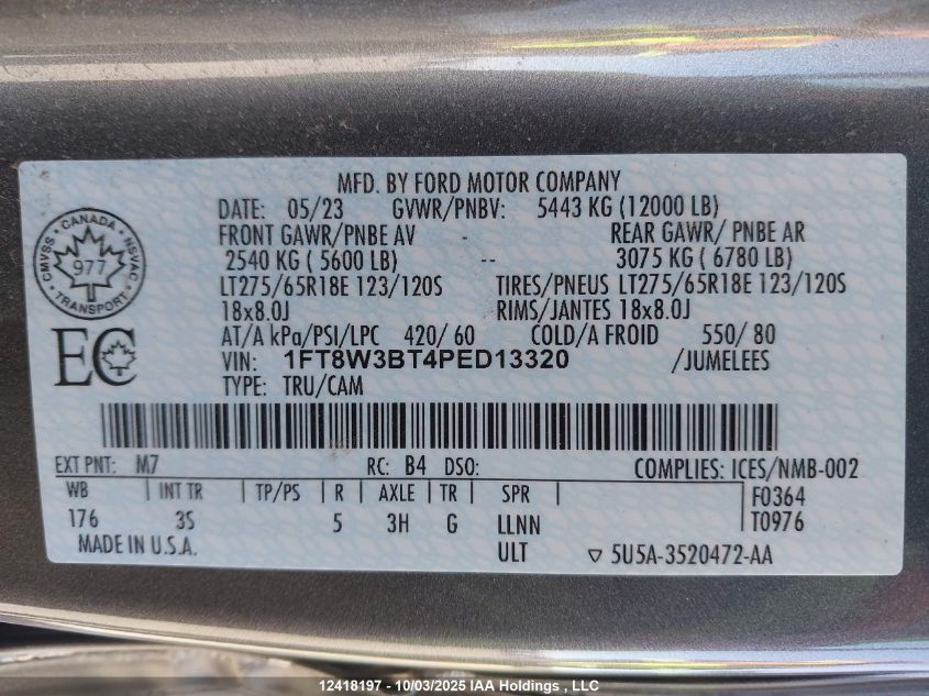 2023 Ford F250 Super Duty VIN: 1FT8W3BT4PED13320 Lot: 12418197