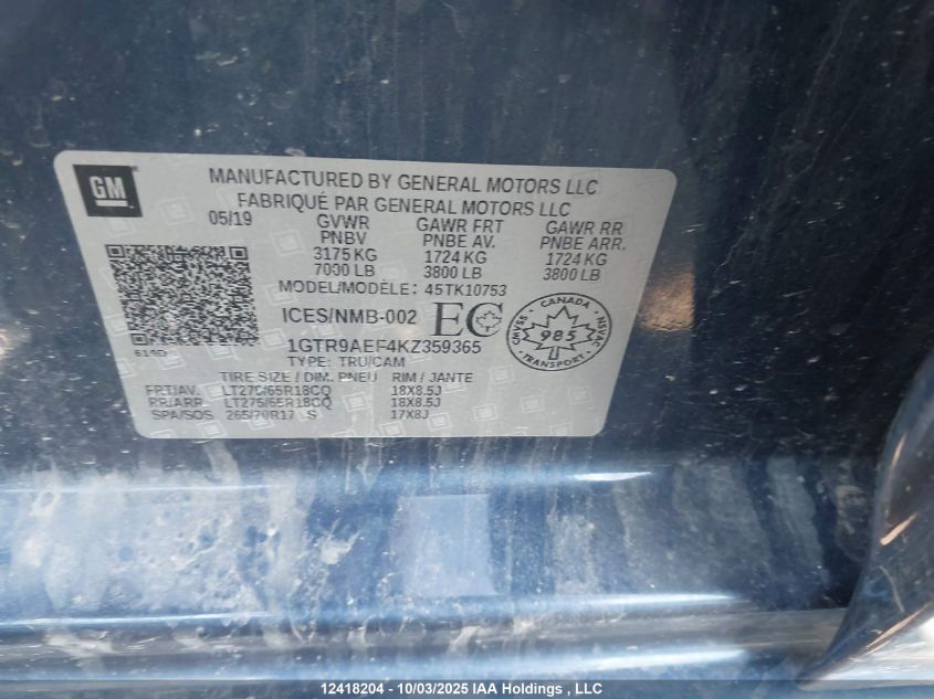 2019 GMC Sierra 1500 VIN: 1GTR9AEF4KZ359365 Lot: 12418204