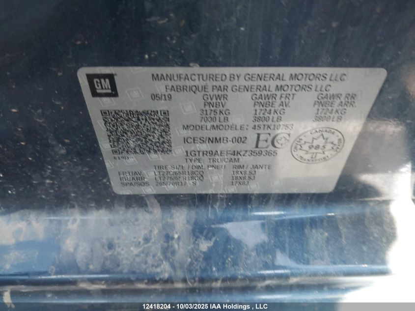 2019 GMC Sierra 1500 VIN: 1GTR9AEF4KZ359365 Lot: 12418204