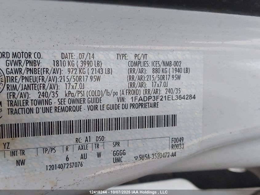 2014 Ford Focus Se VIN: 1FADP3F21EL364284 Lot: 12418244