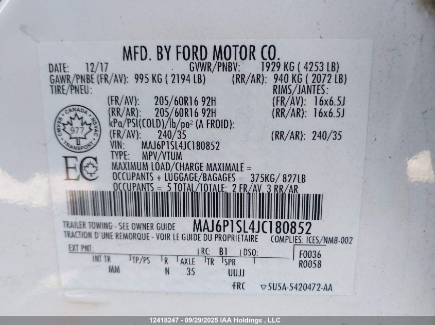 2018 Ford Ecosport S VIN: MAJ6P1SL4JC180852 Lot: 12418247