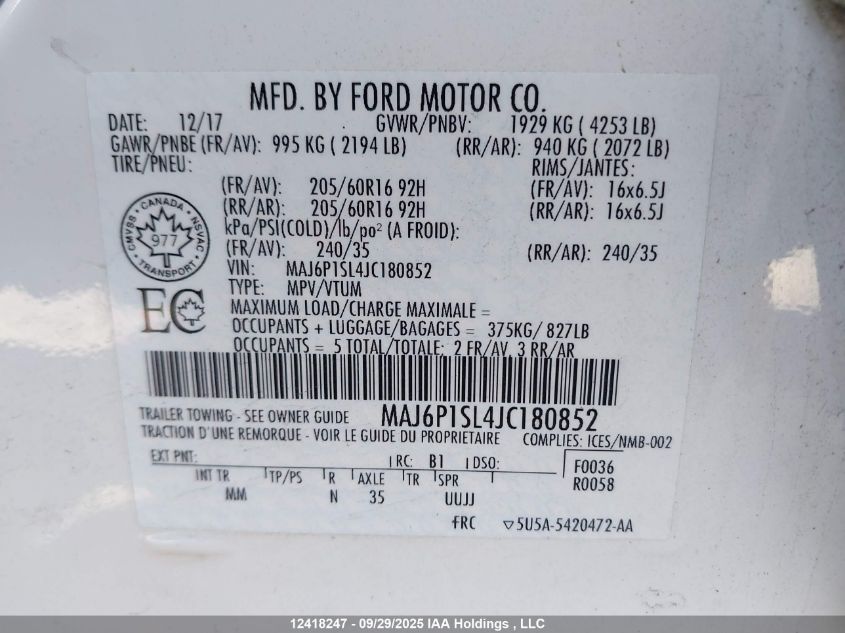 2018 Ford Ecosport S VIN: MAJ6P1SL4JC180852 Lot: 12418247