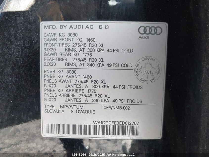 2014 Audi Q7 Prestige VIN: WA1DGCFE3ED012767 Lot: 12418264