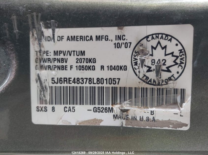 2008 Honda Cr-V Lx VIN: 5J6RE48378L801057 Lot: 12418269