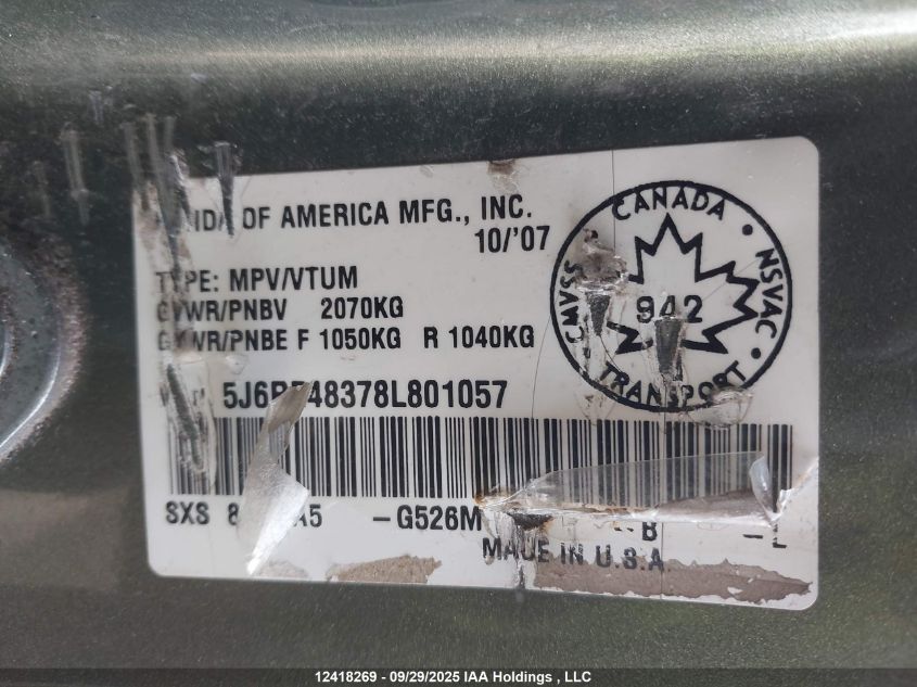 2008 Honda Cr-V Lx VIN: 5J6RE48378L801057 Lot: 12418269