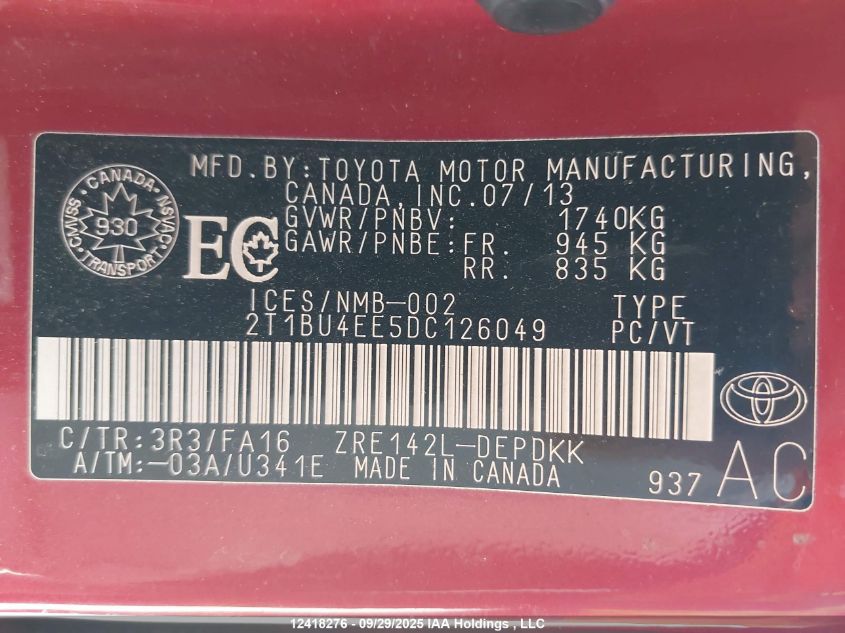 2013 Toyota Corolla Ce VIN: 2T1BU4EE5DC126049 Lot: 12418276