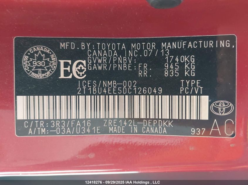 2013 Toyota Corolla Ce VIN: 2T1BU4EE5DC126049 Lot: 12418276