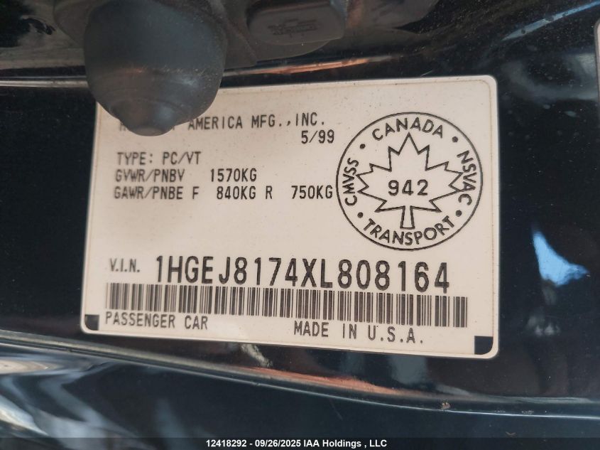 1999 Honda Civic Si Si VIN: 1HGEJ8174XL808164 Lot: 12418292