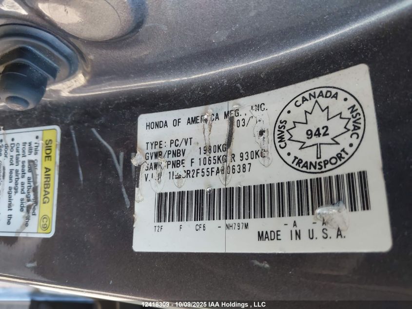 2015 Honda Accord Sport VIN: 1HGCR2F55FA806387 Lot: 12418309