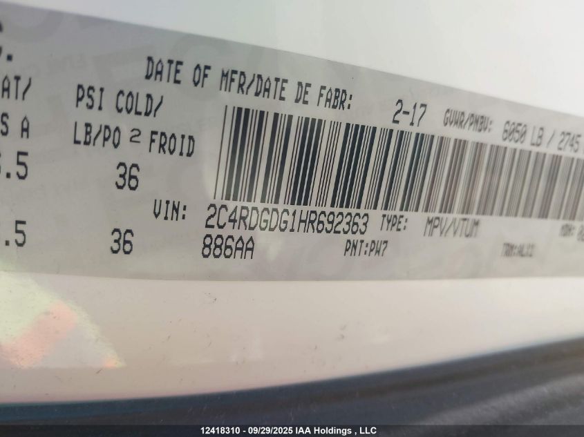 2017 Dodge Grand Caravan VIN: 2C4RDGDG1HR692363 Lot: 12418310