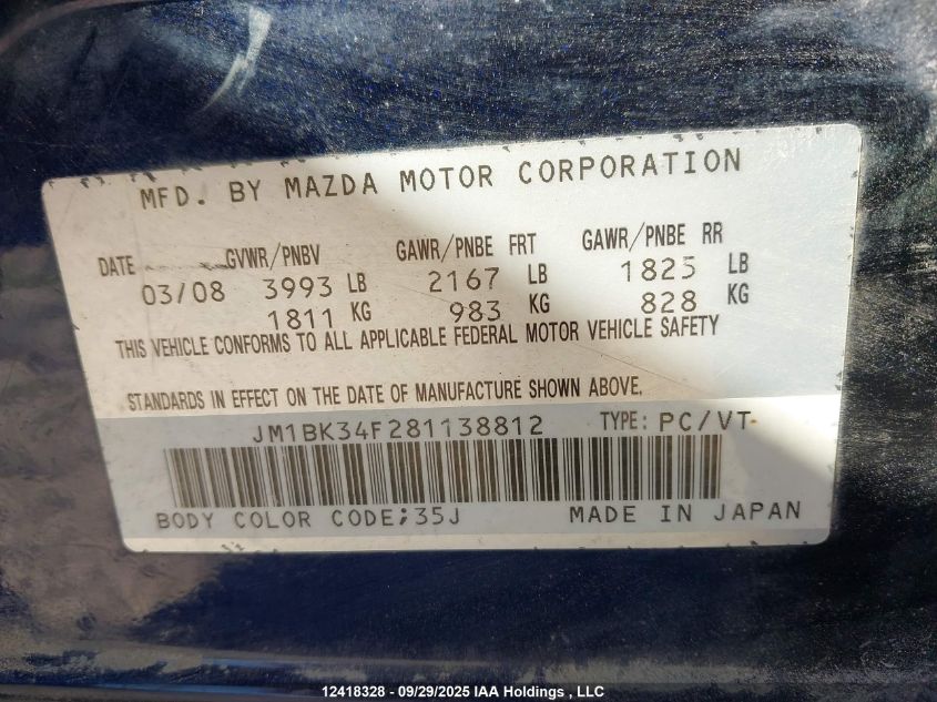 2008 Mazda 3 I VIN: JM1BK34F281138812 Lot: 12418328
