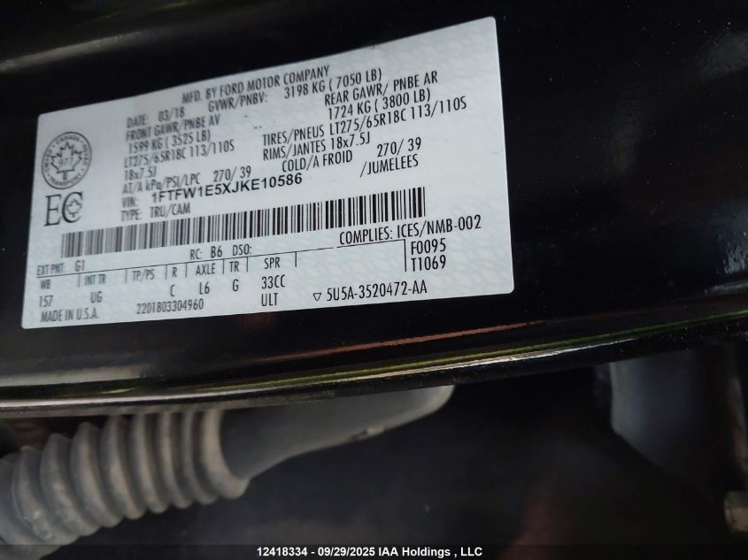 2018 Ford F-150 Xlt VIN: 1FTFW1E5XJKE10586 Lot: 12418334