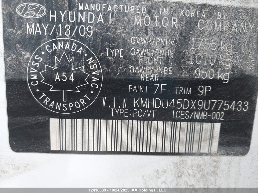 KMHDU45DX9U775433 2009 HYUNDAI ELANTRA photo no. 9