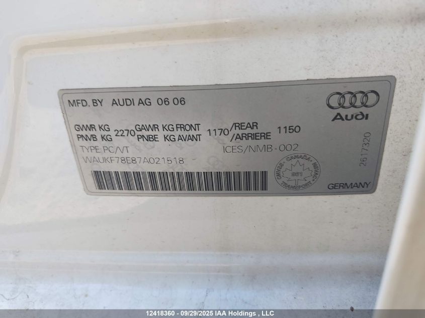 2007 Audi A4 2.0T Avant Quattro VIN: WAUKF78E87A021518 Lot: 12418360