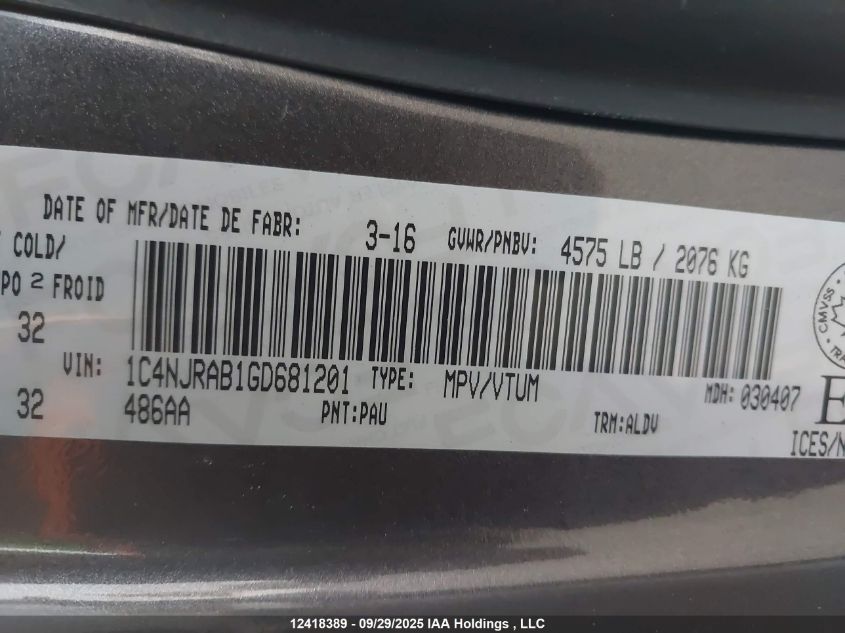 2016 Jeep Patriot Sport/North VIN: 1C4NJRAB1GD681201 Lot: 12418389