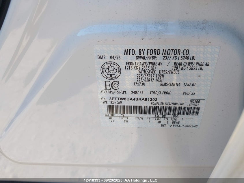 3FTTW8BA4SRA81202 2025 FORD MAVERICK photo no. 9