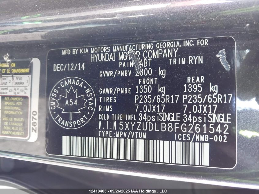 2015 Hyundai Santa Fe Sport 2.4 Luxury VIN: 5XYZUDLB8FG261542 Lot: 12418403