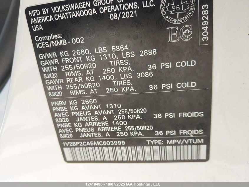 1V2BP2CA5MC603999 2021 VOLKSWAGEN ATLAS photo no. 9