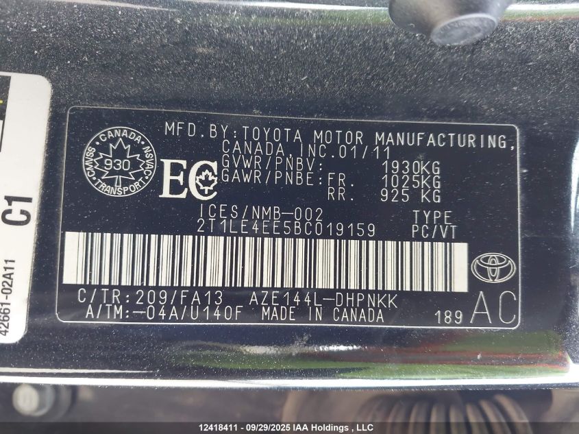 2011 Toyota Corolla Matrix S VIN: 2T1LE4EE5BC019159 Lot: 12418411