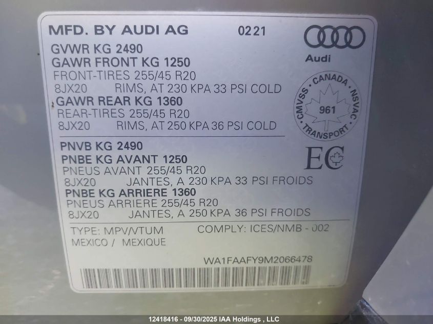 2021 Audi Q5 VIN: WA1FAAFY9M2066478 Lot: 12418416