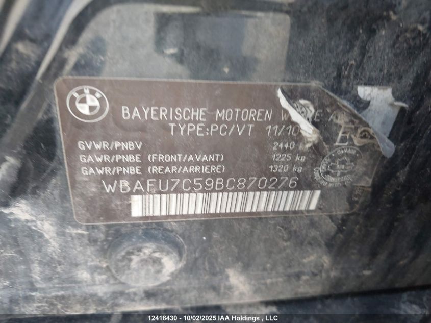 2011 BMW 535I xDrive VIN: WBAFU7C59BC870276 Lot: 12418430