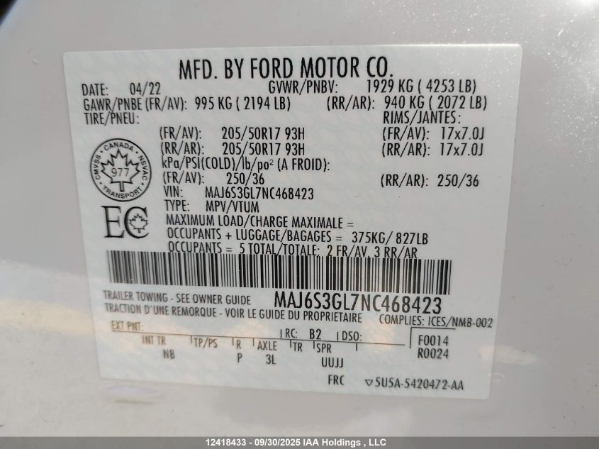 2022 Ford Ecosport VIN: MAJ6S3GL7NC468423 Lot: 12418433