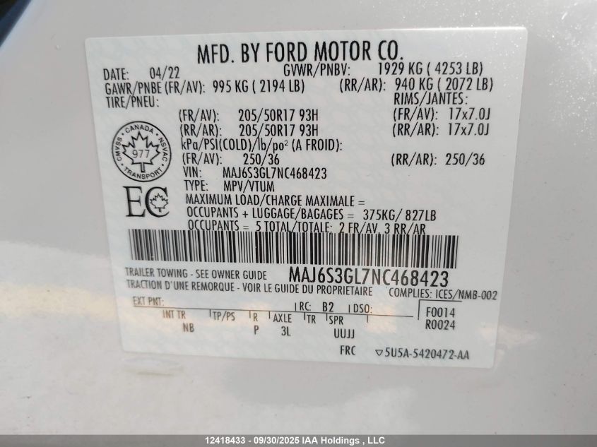 2022 Ford Ecosport VIN: MAJ6S3GL7NC468423 Lot: 12418433