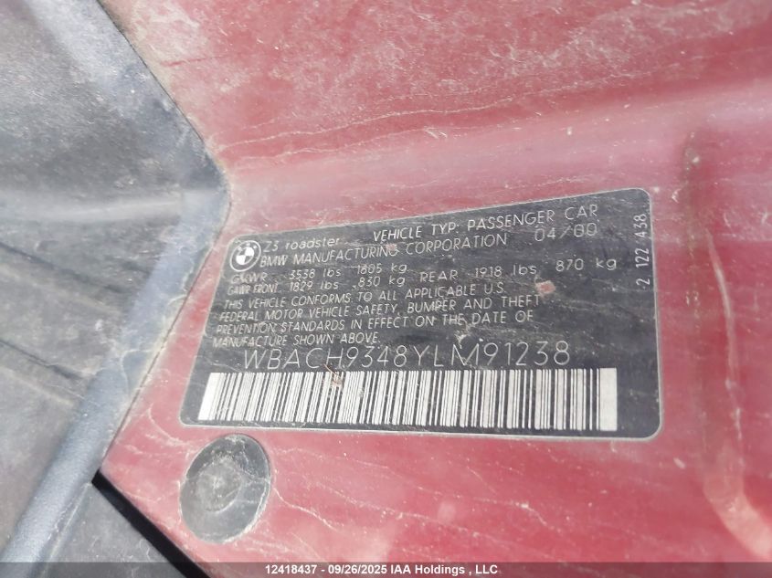 2000 BMW Z3 2.3 VIN: WBACH9348YLM91238 Lot: 12418437