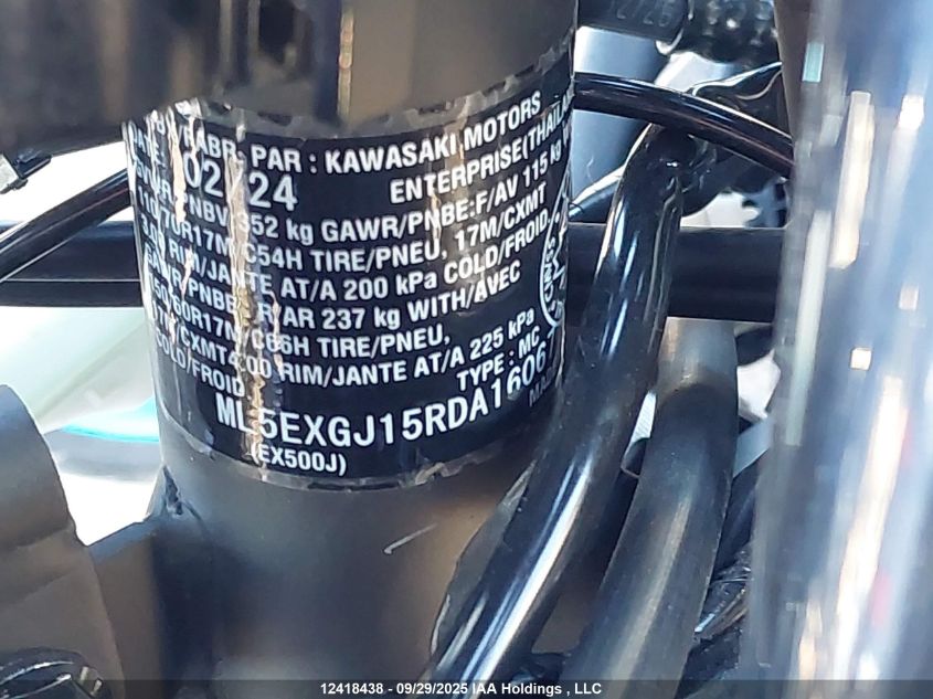 2024 Kawasaki Ex500 A/B VIN: ML5EXGJ15RDA16067 Lot: 12418438