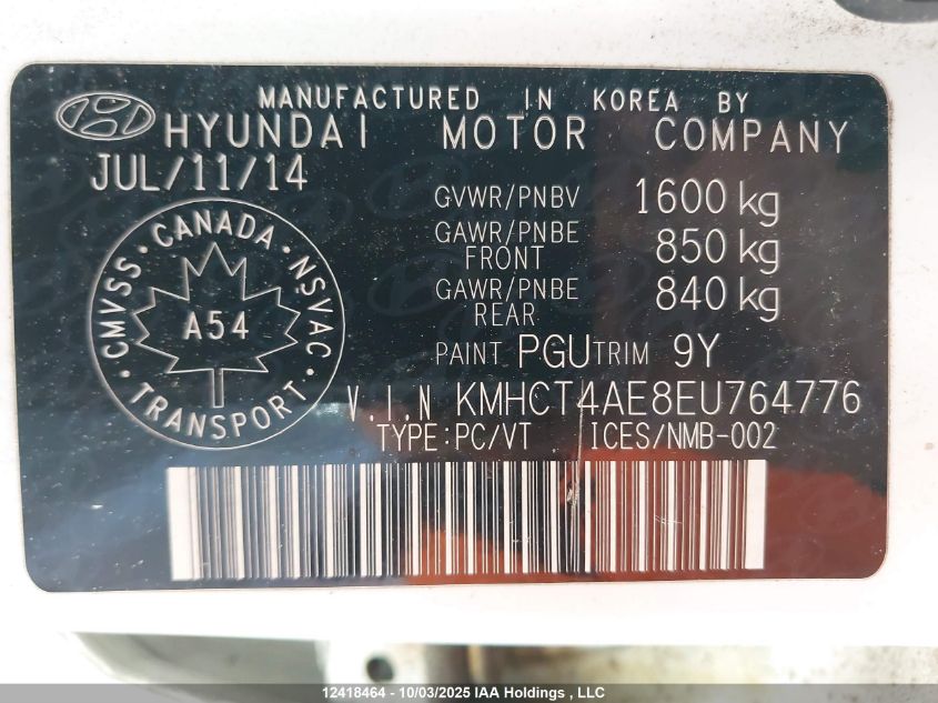 2014 Hyundai Accent VIN: KMHCT4AE8EU764776 Lot: 12418464