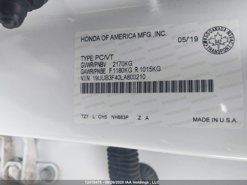 2020 Acura Tlx A-Spec VIN: 19UUB3F40LA800210 Lot: 12418478