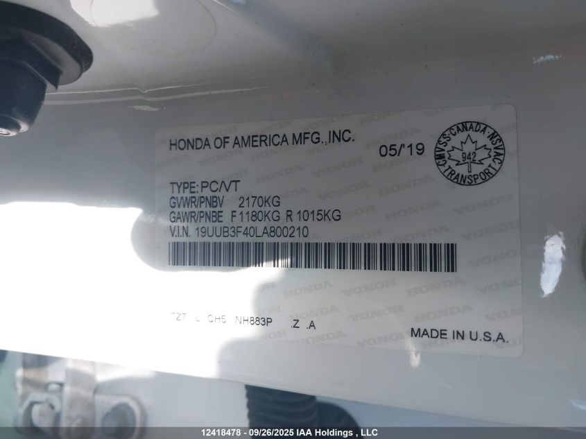 2020 Acura Tlx A-Spec VIN: 19UUB3F40LA800210 Lot: 12418478